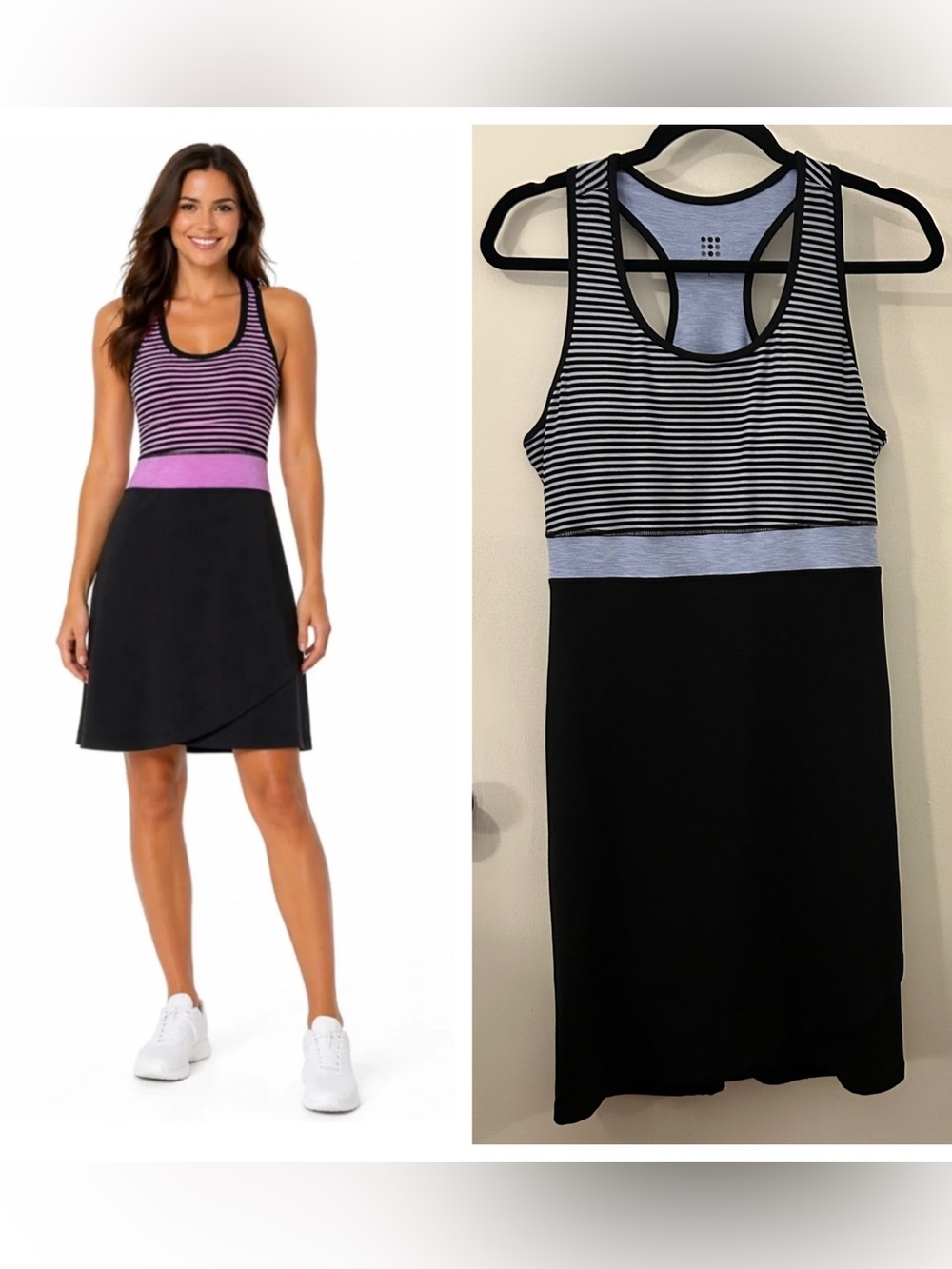 Title Nine Women’s Connelly Racerback Tank Dress Black Blue Striped Shelf Bra L